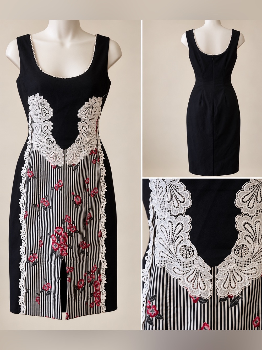 Save the Queen! Italian Black & White Floral Lace Sheath Dress S